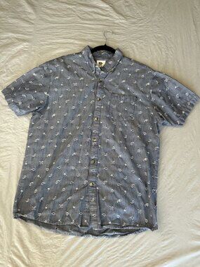 Rusty Mens Cotton Button-Up Short Sleeve Blue Shirt Embroidered Print M Casual